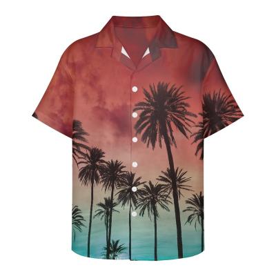 China High Quality Breathable Short Sleeve Shirt Men Hawaiian Beach Printed Fuchsia Mens Shirt Button Lapel Mens Polyester Cuban Shirt for sale