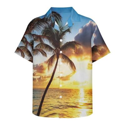 China Breathable Direct Sales Fast Arrival Shorts Sleeve Cuban Shirts Mens Button Lapel Shirt For Mens Coconut Tree Sunset Print Mens Bule Clothes for sale