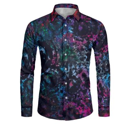 China Breathable Blue Purple Tie Dye Print Men Shirt Luxury Button Lapel Long Sleeve Mens Business Shirt Custom Design Mens Plus Size Casual Tops for sale