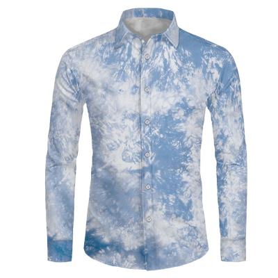 China Breathable White Tie Blue Dye Print High Quality Men's Spring Long Sleeve Luxurious Men's Business Shirt Lapel Shirt Breathable Tops for sale