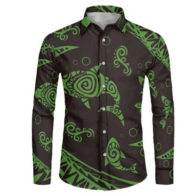 China Breathable Lapel Men's Long Sleeve Men's Luxurious Green Polynesian Traditional Bottom Shirt Style Men's Casual Top Support Custom Design for sale