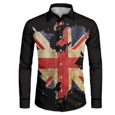 China Luxurious Men's Long Sleeve Black Lapel Shirt Men's Breathable Business Tops With Union Jack Print Washed Style Men's Button Casual Shirts for sale