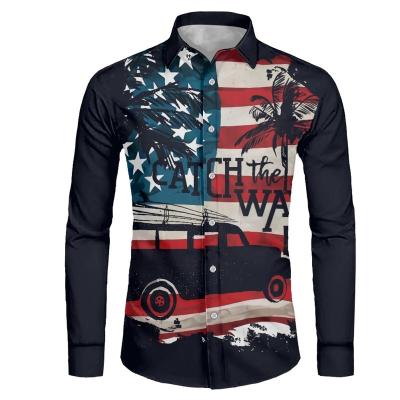 China Breathable Mens Lapel Shirt With American Flag And Buggy And Cocos Prints Mens Black Bottom Long Sleeve Casual Shirt Hawaiian Top For Men MOQ1 for sale