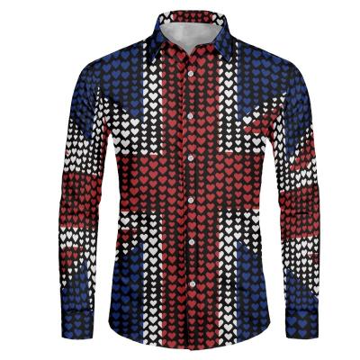 China Wholesale Custom Breathable Custom Mens Blue Long Sleeve Shirts With Union Jack Printed Button Lapel Men's Love Shirts Spring Mens Casual Tops for sale