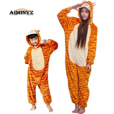 China AIMINYZ Wholesale Autumu Thermal And Winter Pajamas Set Flannel Hoodies Pijama Cartoon Sleepwear Onesie Pajamas For Kids Adult Tiger for sale