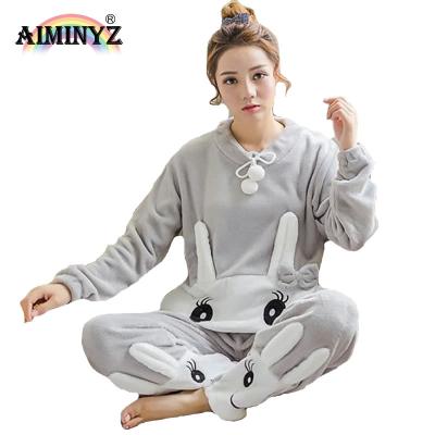 China Plus Size Women's Custom Flannel Fall/Winter Pajamas Set Sleepwear Suit Tops+Pants Warm Cute Home Sleepwear Women Long Sleeve Pajamas Female for sale