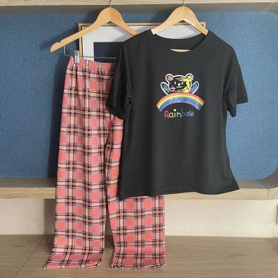 China Wholesale Fashion Breathable Wear Cheap Korean Ladies Summer Shorts Sleeve T-shirt Pants Lines Silk Pajamas Sets Sleepwear Women Black Rose for sale