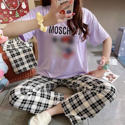 China Wholesale Fashion Breathable Summer Cheap Home Sleep To Wear Korean Ladies Short Sleeve T-shirt Pants Milk Silk Pajamas Women Sets Sleepwear for sale