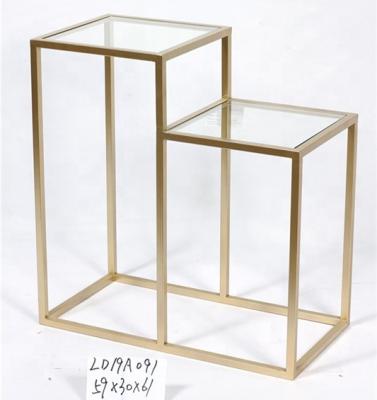 China Eco-friendly Common Clear Glass Top Metal Youthful 2 Tier Side Tea Table For Living Room for sale