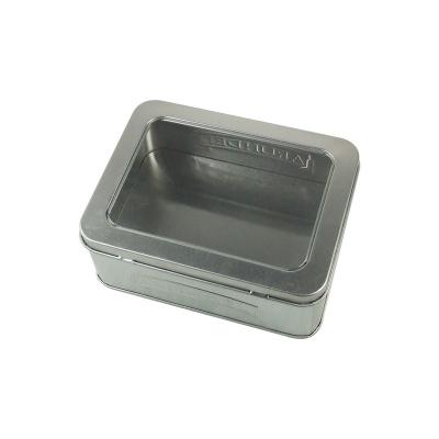 China Tea Food Grade Gift Candy Metal Hineged Tin Box With Clear Pvc Packaging Window On Lid for sale