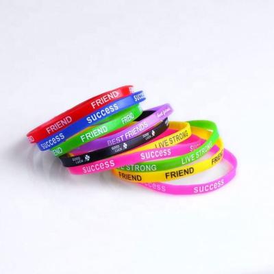 China Promotion Good Quality Slim Thin Deboss Gifts Printed 1/4 Inch 5mm 6 Mm Silicone Wristband Rubber Wrist Band for sale