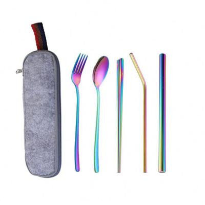 China Student Viable Kids Outdoor Travel Tableware Set 304 Stainless Steel Fork Scoop Straw Silverwar Set Cutlery With Pouch for sale