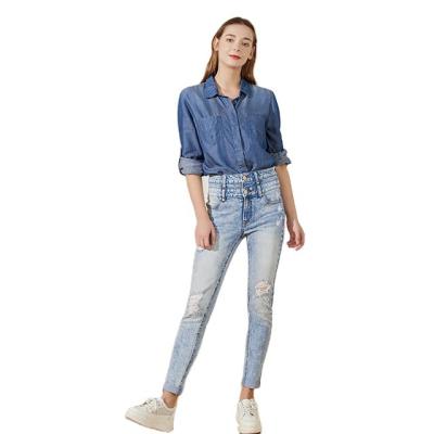 China QUICK DRY high quality denim pants skinny vintage stretch jeans high waist pencil pants woman light blue jeans for sale