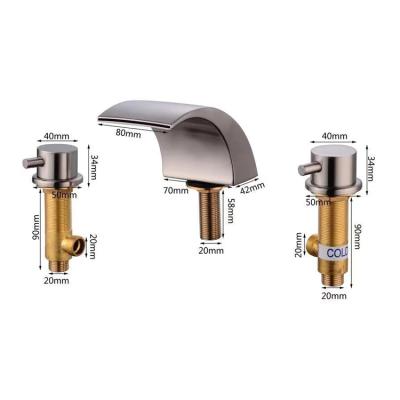 China Unique Design Brass Metered Faucets Brushed Nickel 3 Holes 2 Handles Bathroom Sink Waterfall Waterfall Faucet For Sale for sale