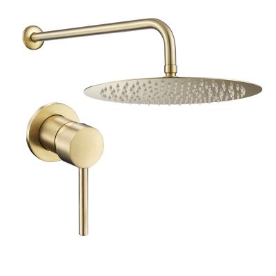 China With Slide Bar Swept Golden Concealed Shower System, 8 Inch Round Shower Head Wall Mount Rainfall Shower Mixer Faucet Set for sale