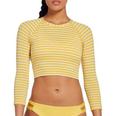 China Womens Custom Long Sleeve Breathable Maiden Crop Swim Top Stripe Printed Rash Guard for sale