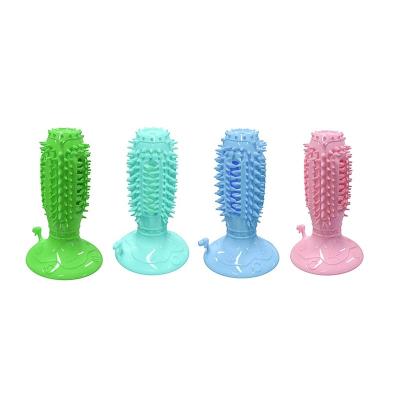 China Stocked 4 Color TPR Dog Toothbrush Chew Stick Suction Cup Dog Squeaky Toy for sale