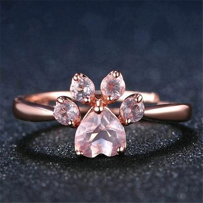 China TRENDY Adjustable Rose Gold Plated Love Dog Cat Claw Ring Open Pink Quartz Crystal Zircon Ring For Girls for sale