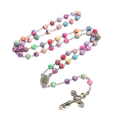 China Hot Selling Religious Bohamian Beaded Rainbow Color Polymer Clay Rosary Beads Cross Christian Catholic Pendant Necklace for sale