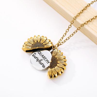 China CLASSIC boho you are my sun open lettering sunflower around engraved flower pendant necklace for sale