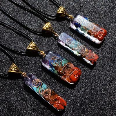 China TRENDY Diy Chain Long Colorful Gemstone Natural Crushed Stone 7 Chakra Healing Crystal Resin Beaded Pendant Necklace for sale