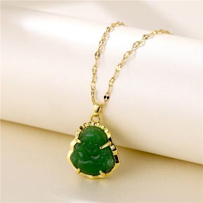 China FASHIONABLE Wholesale Stainless Steel 18K Gold Plated Agate Chalcedony Mini Maitreya Buddha Pendant Necklace Green Tiny Jewelry for sale