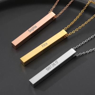 China FASHIONABLE Logo Personalized Custom 18k Gold Plated Stainless Steel Vertical Bar Charm Number Name Letter Engraved Pendant Necklace for sale