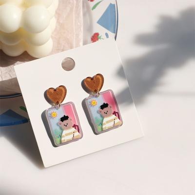 China 2022 Summer Cute Circle Silver Needle Acrylic Cartoon Embossed Cute Animal Painted Bear Stud Earrings For Girls for sale