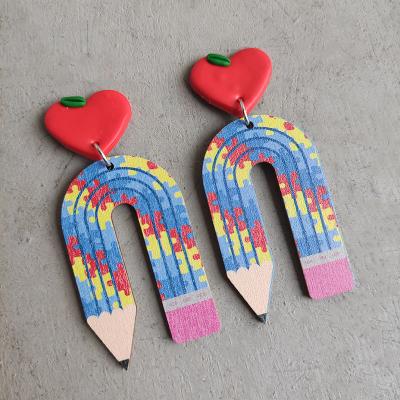 China TRENDY School Cute Ruler Pencil Rainbow Wooden Teacher Earrings for sale