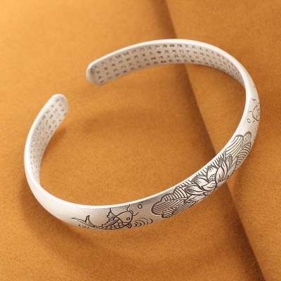 China Women's Old Retro CLASSIC Bangle S999 Sterling Silver Carp Lotus Heart Sutra Style For Mom Jewelry for sale