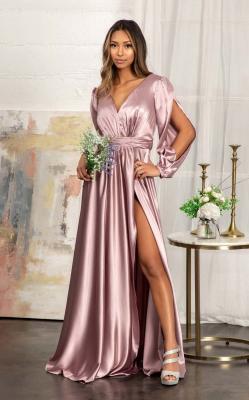 China Fifty Thousand Pieces/Year Tantalizing V-Neckline A-Line Slit Maxi Satin Long Bridesmaid Dress for Wedding for sale