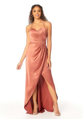 China Sweep Train Sleeveless Halter Spaghetti Strap Sweetheart Draped Bodice Bridesmaid Dresses for sale