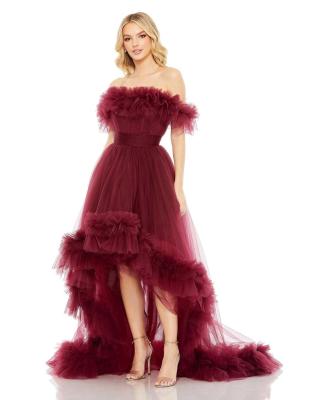 China Strapless off Shoulder Ruffled Neck High Low Long Train Tulle Quinceanera Gowns for sale