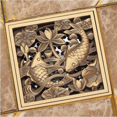 China Contemporary Brass Creative Fish Carved Bathroom Floor Drain Cover Square 10cm Antique Double Grate Waste Strainer for sale