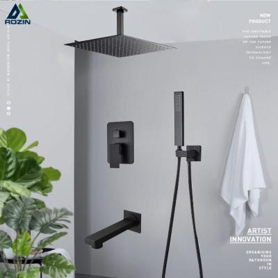 China Without Slide Bar Ceiling Mounte Shower Faucet Set Matte Black Rainfall Shower System 3 Ways Faucet Spout Bathtub Mixer Tap for sale