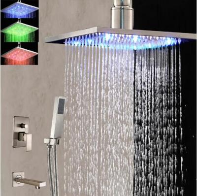 China Without Sliding Bar Ceiling Mounted LED16 Brushed Nickel Inch Square Rain Shower Head Faucet Tub Spout Hand Shower Mixer Tap for sale