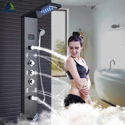 China Without Sliding Bar Rozin Black Hydropower Digital Display Shower Panel Column LED Rain Waterfall Shower Spa Jets Two Way Bath Shower Mixer for sale