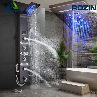 China Without Slide Bar LED Small Shower Faucet Waterfall Rain Black Shower Panel In The Wall Shower System With Spa Massage Sprayer Bidet Head Handshower for sale