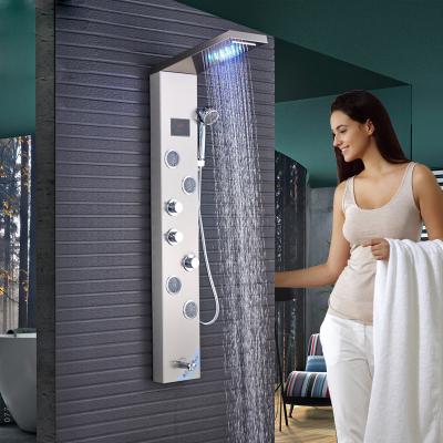 China LED Clear Color Changing Nickel Waterfall Rain Shower Swept Column Panel Jets Sprayer Hand Shower Mixer Faucet Set for sale