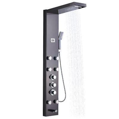 China Sliding Barless Black Massage Jets Shower Column Panel Rainfall Shower Faucet Tower Thermostatic Shower Tub Spout for sale