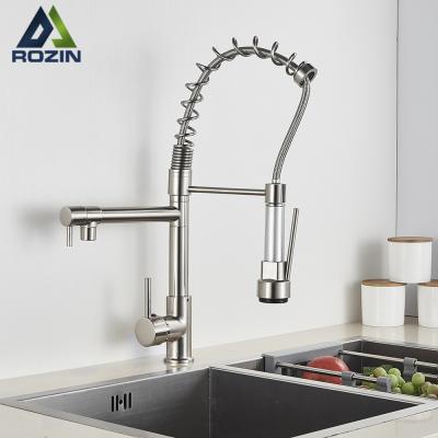 China Contemporary Brushed Nickel Spring Kitchen Faucet Pull Out Single Handle Mixer Tap Double Side Sprayer 360 Rotation for sale