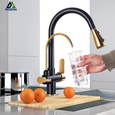 China Gold Two Function Switch Kitchen Faucet GLOBE Kitchen Faucet Pull Out Sprayer 360 Degree Rotation Purification Featur Handle Deck Dual Mounted for sale