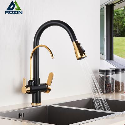 China Crane For Kitchen Pull Out Contemporary Luxury Black Gold Filtered Spray 360 Ways Of Rotation Water Filtration Faucet Three Pull Down Mixer Kitchen Faucet for sale