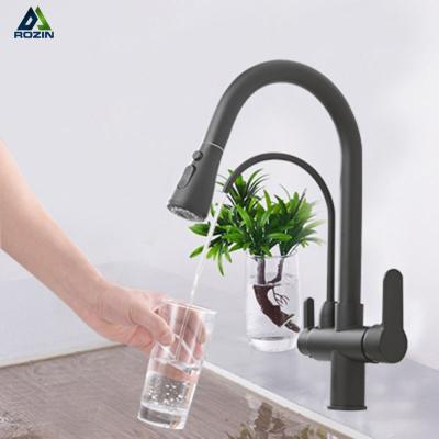 China Pull Out Spray Rozin Matte Black Filtered Crane For Kitchen Pull Out Spray 360 Rotation Water Filtration Faucet Three Ways Pull Down Mixer Kitchen Faucet for sale