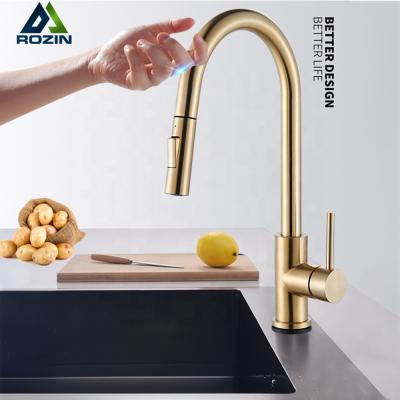 China Sense Faucets Water Saving Faucet Auto Touch Sensor Pull Out Sprayer Gold Brushed High Deck Mounted Luxury Kitchen Faucet Single Handle for sale