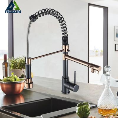 China Rose Gold Kitchen Spring Faucet Contemporary Black Pull Down Single Handle Dual Spouts 360 Rotation Kitchen Mixer Tap for sale