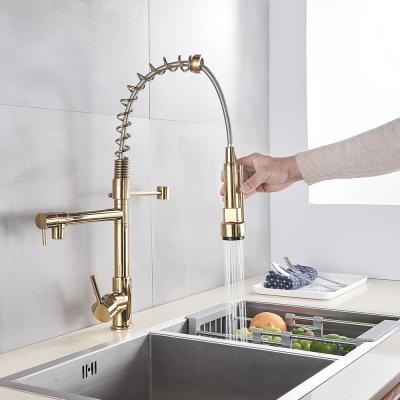 China Rozin Hot Hot Cold Gold Spring Pull Down Kitchen Faucet Dual Outlet Springs 360 Swivel Handheld Shower Kitchen Mixer Crane Hot Cold Taps for sale