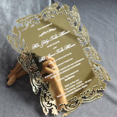 China 2022 Europe Wedding Engagement Gold Mirror Laser Cut Acrylic Invitation Customized Printing for sale