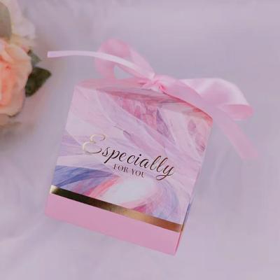 China Europe Elegant Foldable Luxury Wedding Gift Box Packing With Watercolor Printing Candy Box With Ribbon Decoration for sale