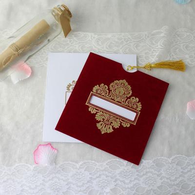 China Europe Navy Blue Or Wine Red Wedding Invitations Velvet Pocket Invitation With Tassel for sale